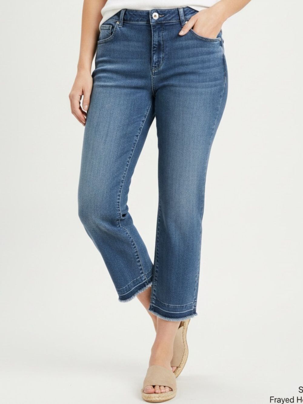 Susan Graver Blue Denim Frayed Hem Cropped Jeans Size 12P Petite
